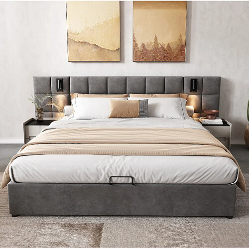 Lit Coffre 180x200 cm - Modenvie - USB et liseuse réglable - Velours gris