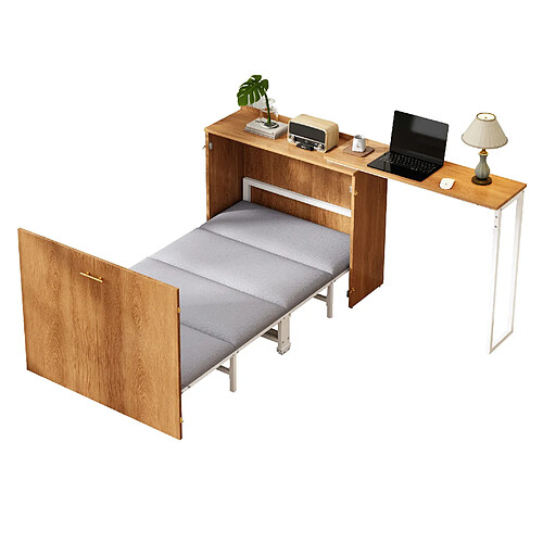 STILVORA Lit escamotable 90/200 cm naturel en métal et bois avec bureau pivotant