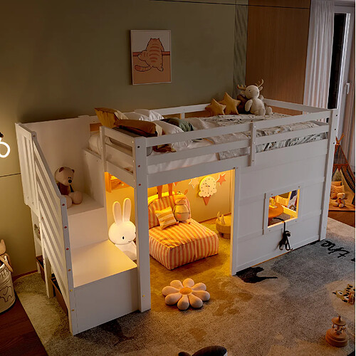 Lit Mezzanine 90x200 cm Modenvie rangement LED Blanc