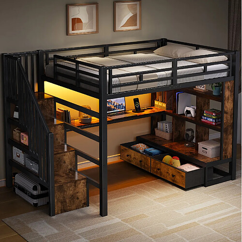 Lit mezzanine 140x200 cm - Modenvie - bureau, rangement, LED - Noir