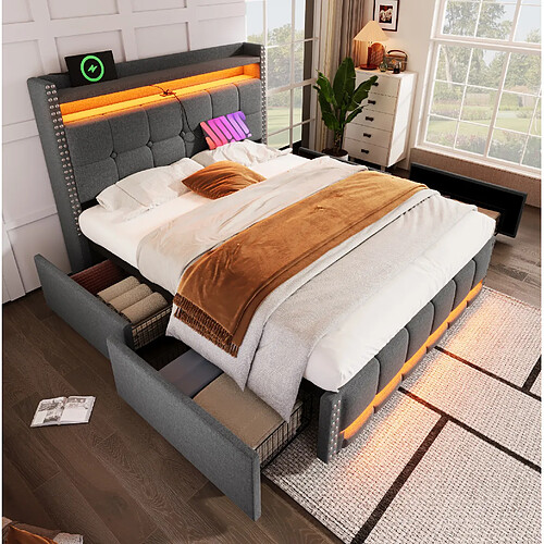 Lit Coffre 160x200 cm - Modenvie - LED et USB - Lin Gris