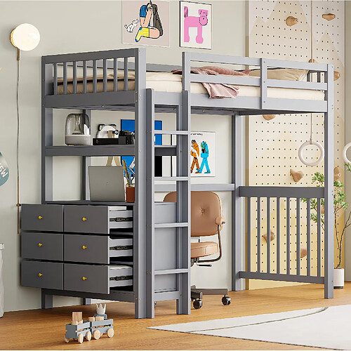 Lit Mezzanine Enfant 90x200 cm Modenvie rangement escalier securise Gris