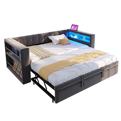 STILVORA Canapé-lit 90/180/190 cm gris foncé en flanelle avec LED et rangement