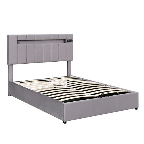 STILVORA Lit rembourré 140/200 cm gris en tissu avec LED, Bluetooth et USB