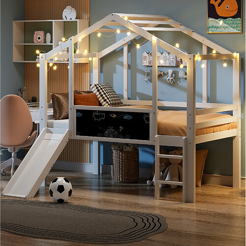 Lit Mezzanine Enfant Modenvie 90x200 cm avec toboggan et tableau - Blanc