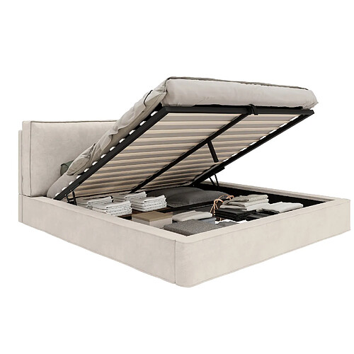 STILVORA Lit coffre 160/200 cm beige en Chenille avec tête de lit capitonnée