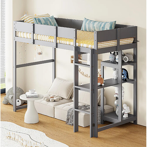 Lit Mezzanine Enfant Modenvie 90x200 cm - rangement - Gris