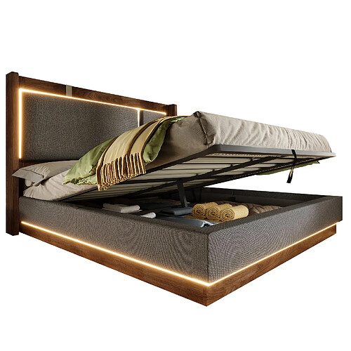 STILVORA Lit double 140/190 cm gris noyer en lin et bois avec LED et coffre hydraulique
