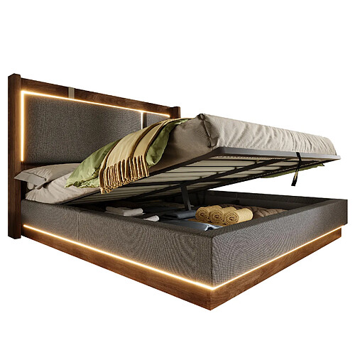 STILVORA Lit 140/200 cm gris et noyer en lin avec LED et coffre hydraulique