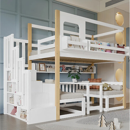 Lit superposé enfant Modenvie 90x200 cm, bureau rabattable, rangement