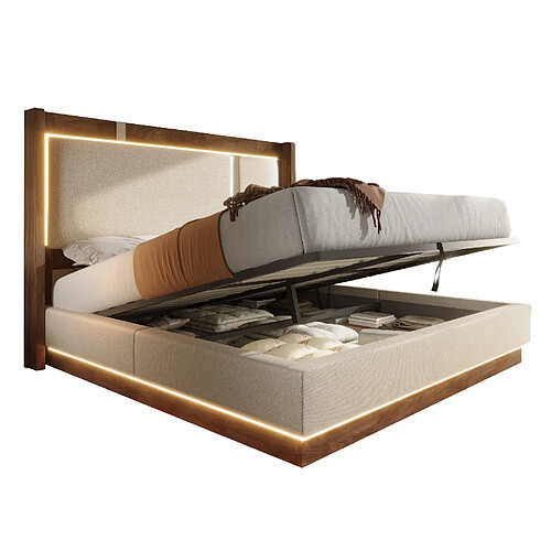STILVORA Lit double 180/200 cm beige en lin et bois avec LED et coffre hydraulique