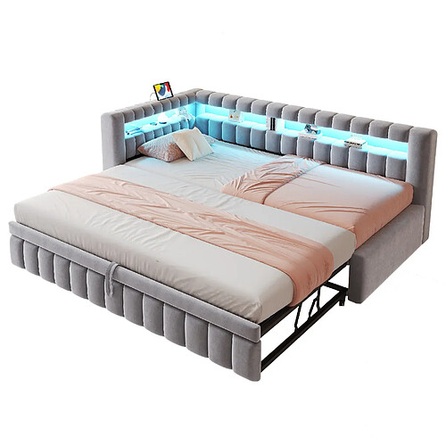 STILVORA Polsterbett 90/200 cm gris clair aus Samt mit LED et ports USB-C