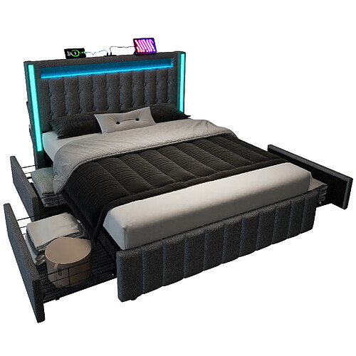 MIVRAY Lit adulte 140x200 cm rembourré Lit double 4 tiroirs et charge USB C, lin, gris