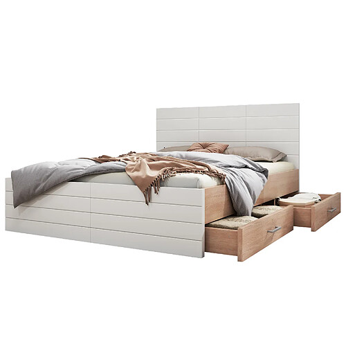 MIVRAY Lit double 140x200 cm, tiroirs réversibles, bois et MDF, blanc chene