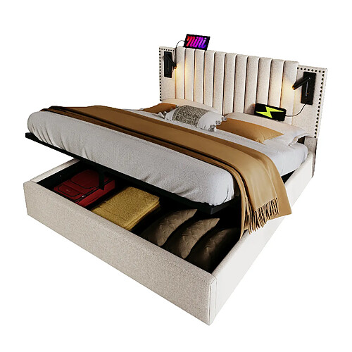 MIVRAY Lit coffre 160x200, Lit double adulte, tête de lit réglable, coton, beige