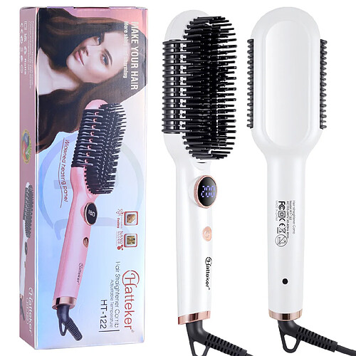 Brosse Lissante Hatteker Avec Réglage 100- 200 °C, écran LED, Cordon Pivotant 360° Blanc