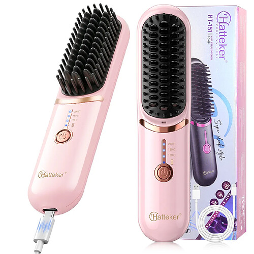 Brosse Chauffante Rechargeable Hatteker, 3 Réglages Ionique, 160–200 °C, USB Rose