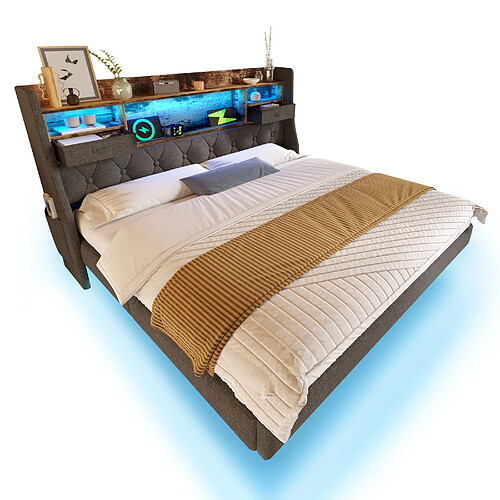 MIVRAY Lit double 140x200 cm avec LED et recharge, lin gris