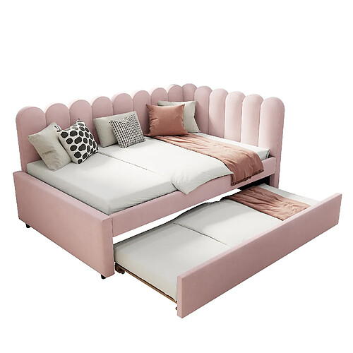 MIVRAY Lit adulte 140x200 cm, lit gigogne avec sommier, velours rose
