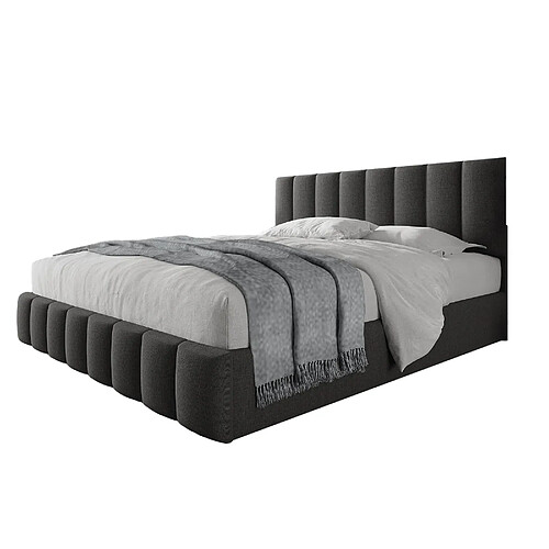 MIVRAY Lit double 140x200 cm, tete de lit reglable et rangement, lin gris