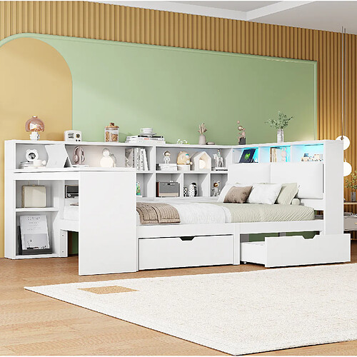 Lit plateforme 140x200 cm - Modenvie - bureau intégré et rangement - Blanc