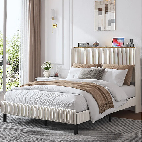 Lit Double 140x200 cm - Modenvie - structure métal et tissu velours côtelé - Beige