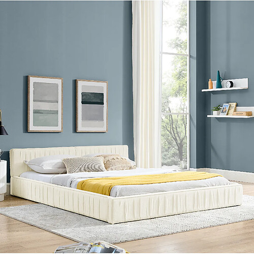 Lit Double 160x200 cm - Modenvie - structure bois et métal - Chenille Beige