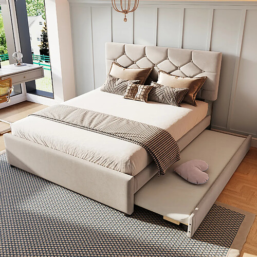 Lit Double 140x200 cm - Modenvie - avec lit gigogne et sommier - Beige