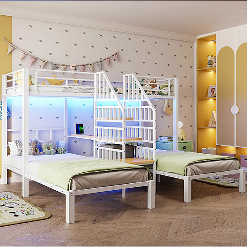 Lit superposé triple 90x200 cm - Modenvie - LED et USB avec bureau - Blanc