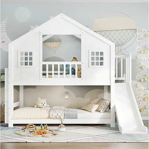Lit Enfant Surélevé 90x200 cm - Modenvie - avec toboggan et barrières - Blanc