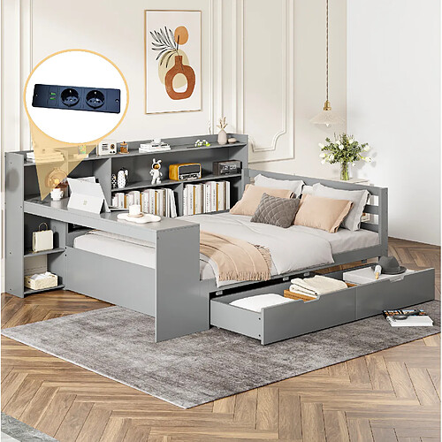 Lit Double 140x200 cm Modenvie avec bureau et rangement USB gris