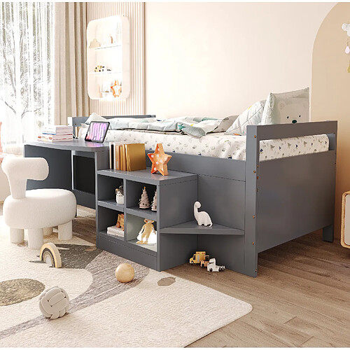 Lit Enfant 90x200 cm - Modenvie - rangement avec bureau et USB - Gris