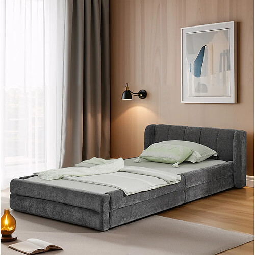 Lit Simple 90x200 cm - Modenvie - structure renforcée - chenille gris foncé