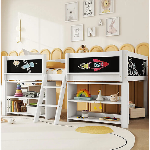 Lit Enfant Mi-Hauteur 90x200 cm - Modenvie - rangement avec échelle - Blanc