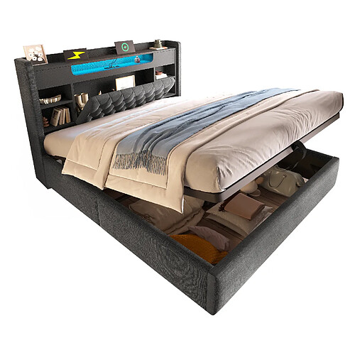 MIVRAY Lit coffre adulte 180x200 cm Lit double avec LED et ports de charge, tissu lin gris