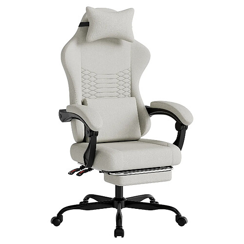 DZMDIP Fauteuil gaming tissu avec massage et repose-pieds rétractable gris clair Blanc