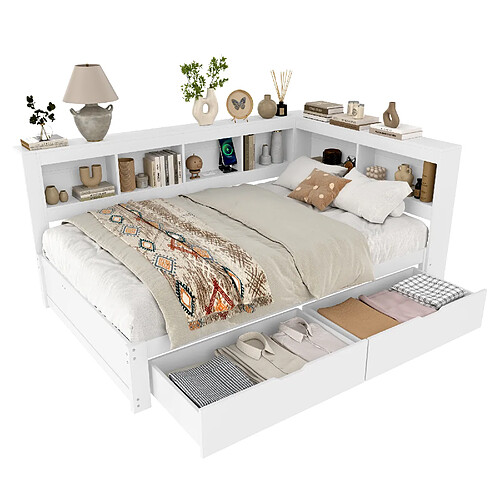 MIVRAY Lit double 140x200 cm, avec prise et 2 ports USB, MDF et pin, blanc