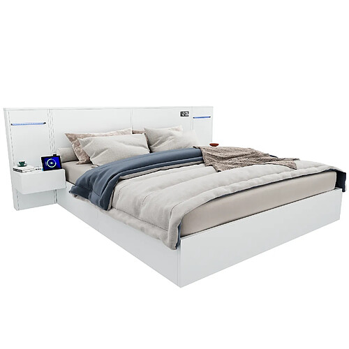 MIVRAY Lit double adulte 180x200 cm, lit en bois, 2 tables de chevet, blanc