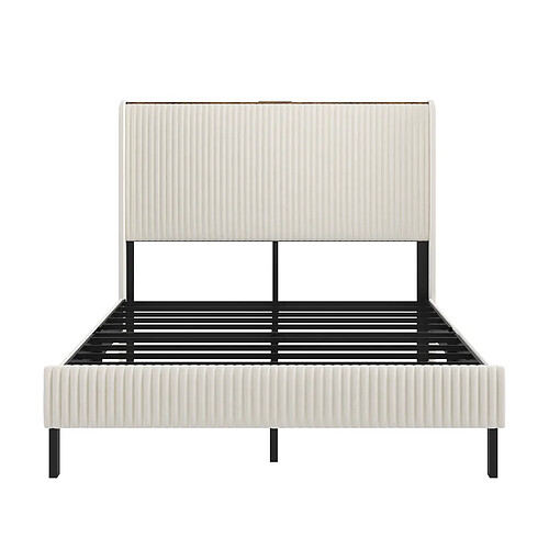 MIVRAY Lit double 140x200 cm, structure stable, tissu côtelé beige crème