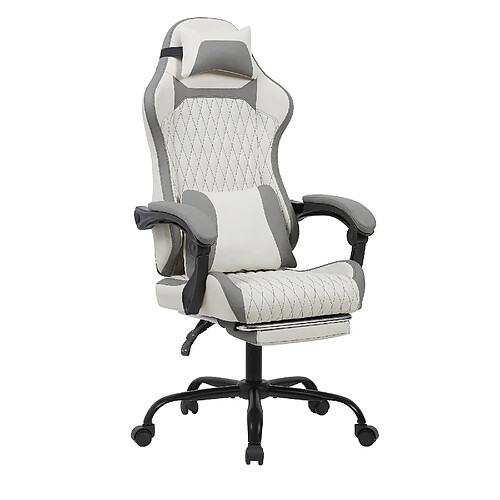 DZMDIP Fauteuil gaming simili cuir respirant avec repose-pieds et rotation 360°, Blanc et Gris