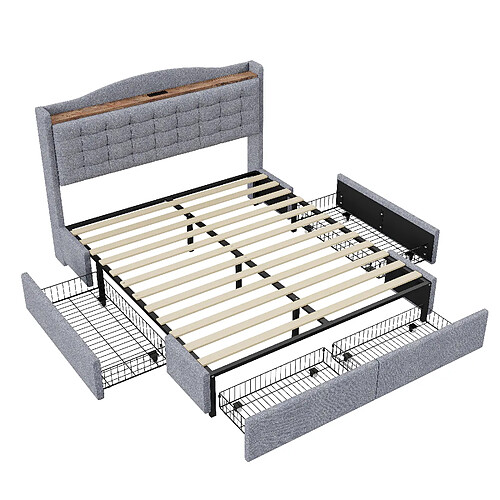 MIVRAY Lit double adulte 140x200 cm avec USB et 4 tiroirs, tissu rembourré, gris