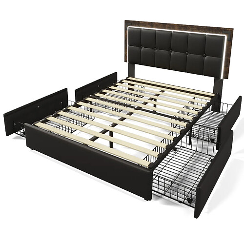MIVRAY Lit coffre 140x200 cm Lit adulte avec LED et 4 tiroirs, PU, noir