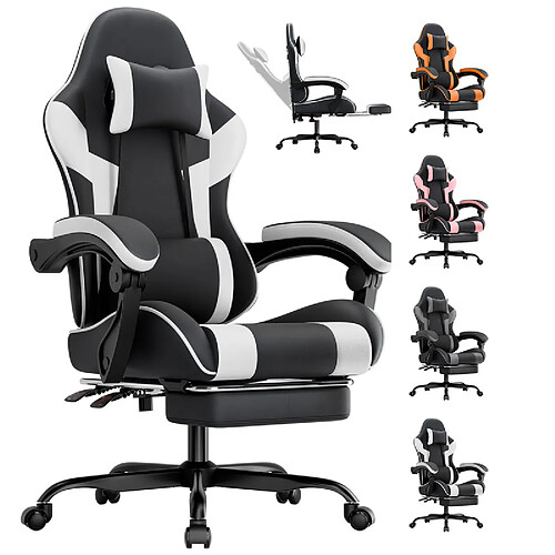 DZMDIP Fauteuil gaming inclinable 90°-135° avec repose-pieds noir et blanc
