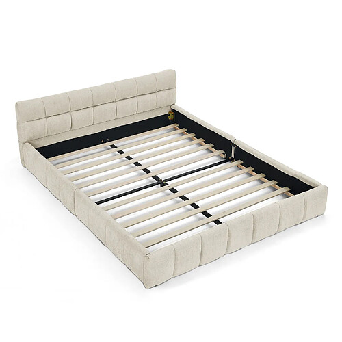 MIVRAY Lit double 140x200 cm, capitonnage carré, chenille, beige