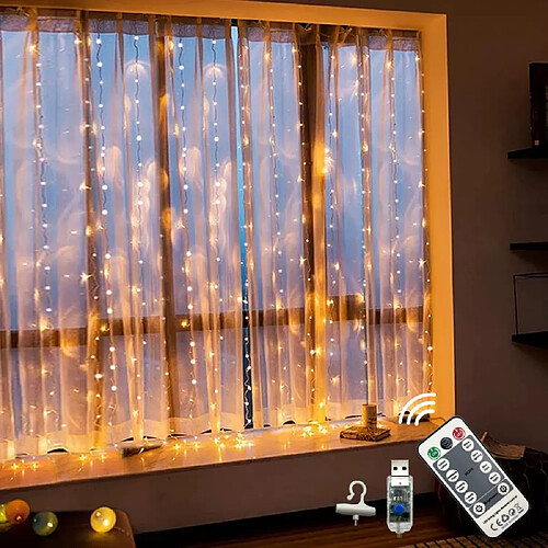 Guirlande Lumineuse Rideau Rideau Lumineux USB Dimmable 2.4 * 1.8m,8 Modes d'Eclairage, ave