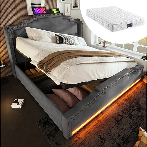 Lit Coffre 140x200 cm Modenvie - LED, USB, velours gris