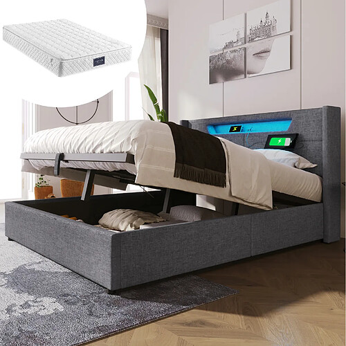 Lit Coffre 160x200 cm Modenvie LED et USB Type C en tissu gris