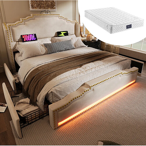 Lit Double Modenvie 140x200 cm LED USB en Velours Beige