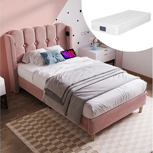 Lit Simple 90x200 cm Modenvie USB et USB-C en velours rose