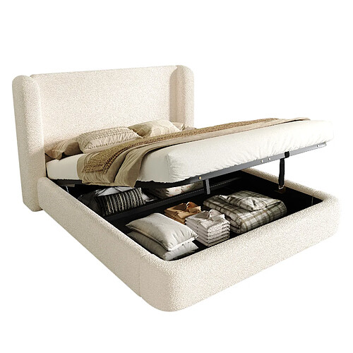 MIVRAY Lit coffre Lit double 180x200 cm, rangement hydraulique, bouclé beige